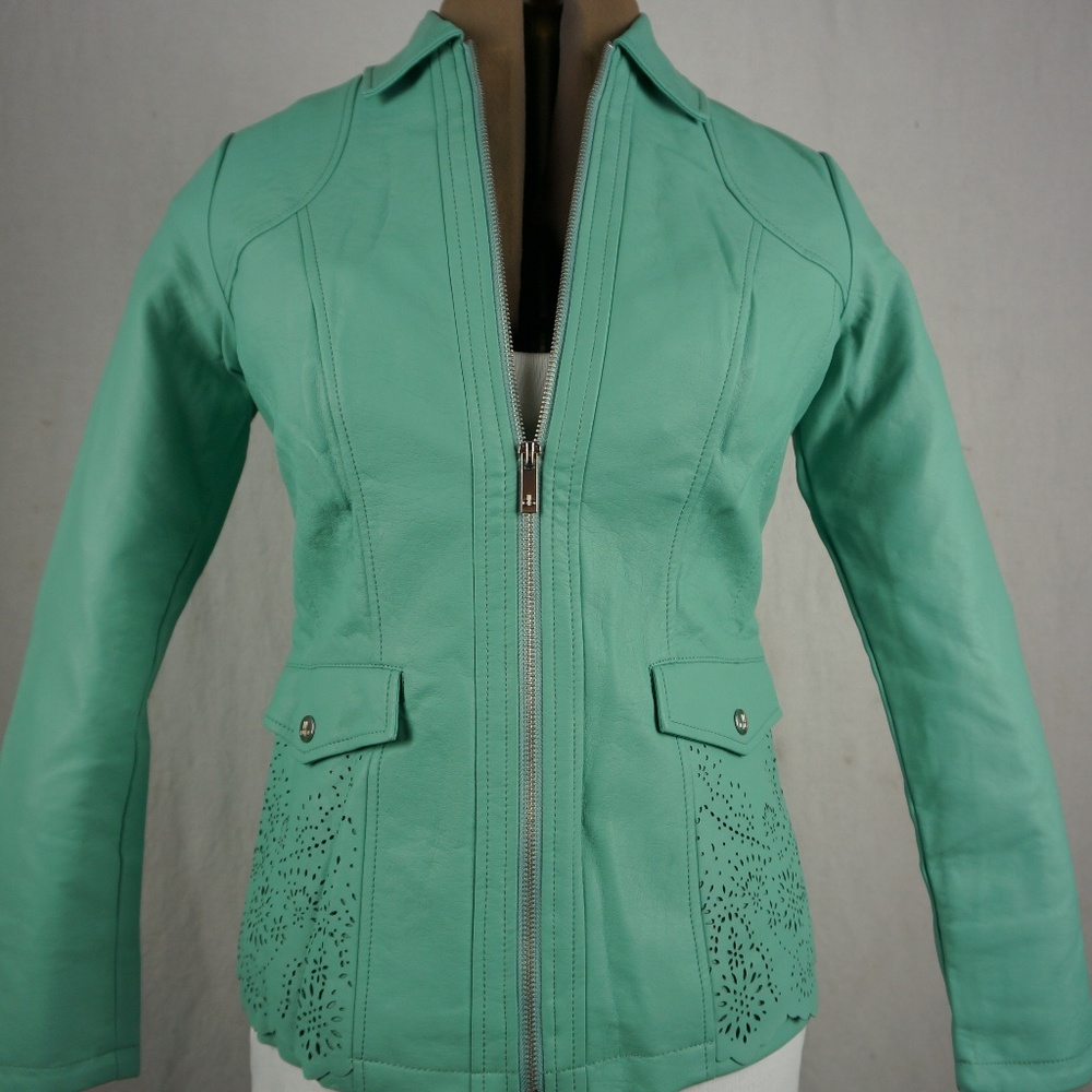 Dennis Basso Faux Leather Perforated Zip Front